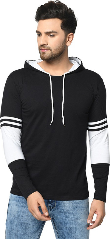 SIDKRT Striped Men Hooded Neck White, Black T-Shirt SIDKRT Striped Men Hooded Neck White, Black T-Shirt