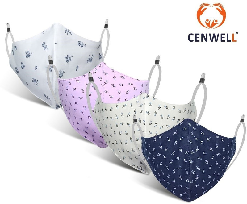 CENWELL 100% Soft Cotton Mask with Nose Pin Fashionable Protective Fabric Anti-Pollution Mask for Men , Women , Kids , Teens ,Girls with Ear Saver Strap & Adjustable Ear loops M-P-4 Cloth Mask With Melt Blown Fabric Layer(Multicolor, M, Pack of 4)