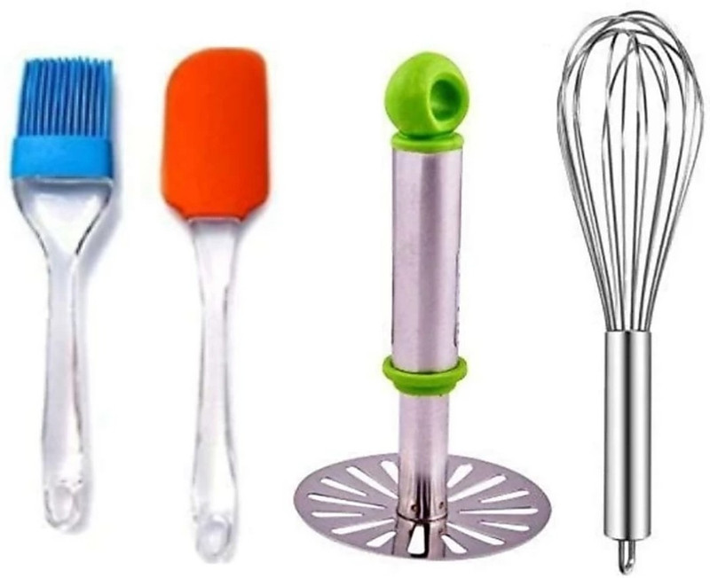 YS Creation Combo (Pack of 4) Multipurpose Non-Stick Heat Resistance Silicone Spatula Cooking Oil Brush Set Seamless & Flexible with Egg Whisker and Stainless Steel Potato Masher Kitchen Tool Set Kitchen Tool Set(Multicolor, Whisk, Brush, Masher, Spatula)