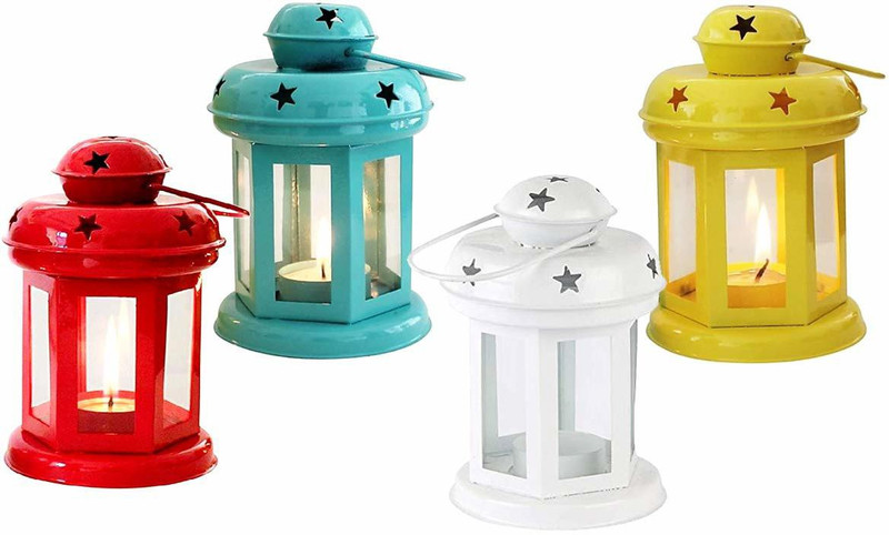ZONASOL Tealight Holder Hanging Lantern Set Of 4 (6 Inch X 3.7 Inch) Yellow, Blue Metal Hanging Lantern(15 cm X 8 cm, Pack of 2)