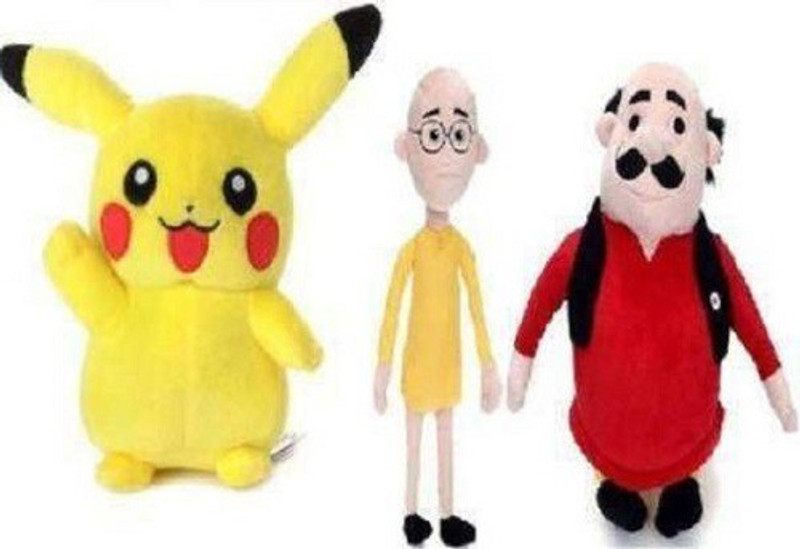 MARUTI ENTERPRISES Pikachu with Motu Patlu Combo Soft Toy Stuffed for Kids 28cm + 28cm Yellow Pikachu with Red & Yellow Motu Patlu Colour  - 28 cm(Yellow, Red)