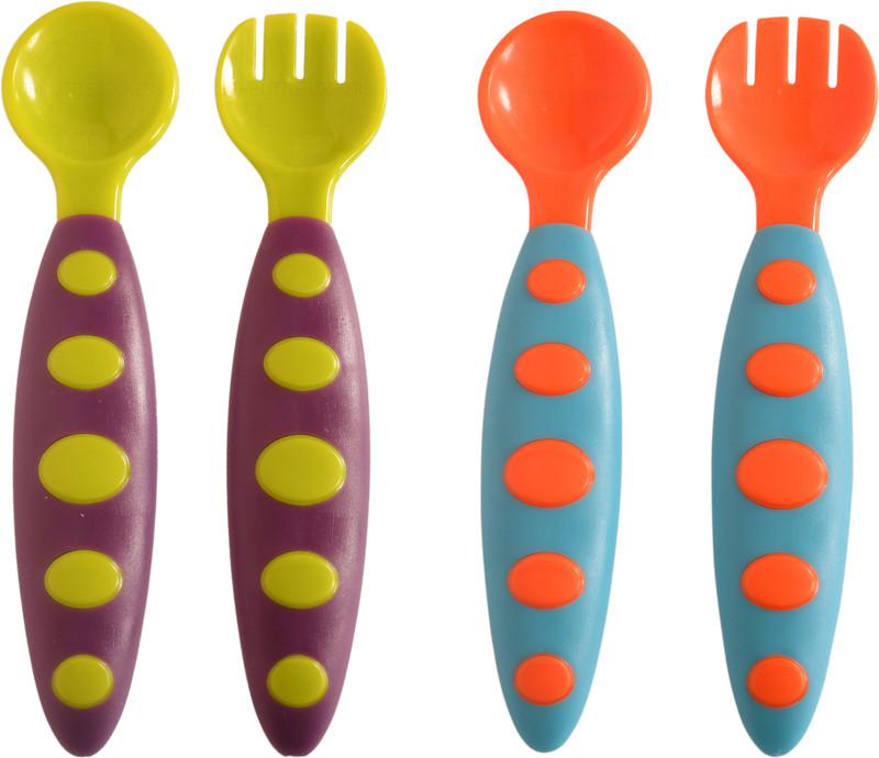 The Little Lookers BPA Free Food Grade Plastic Easy Grip Spoon and Fork Set| Colorful Tableware/Attractive Cutlery Set for Kids/Babies/Toddlers/Boys/Girls (Pack of 2-Set of 2 (Orange & Green)) - Silicon(Orange & Green)