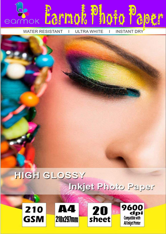 earmok Eco Plus 210 GSM Photo Paper Water Resistant Quick Drying High Glossy Inkjet Photo Paper A4 210 GSM A4 Photo Paper Set of 1-20 Sheets Unrule A4 Size 210 gsm Photo Paper(Set of 1, White)