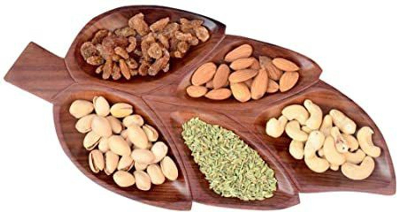 CRAFTSEXPORT Export Quality Serving (Snacks, Dry Fruits) Home/Kitchen Handcrafted Wooden Tray/Platter (5 Leaf/Compartment) Tray