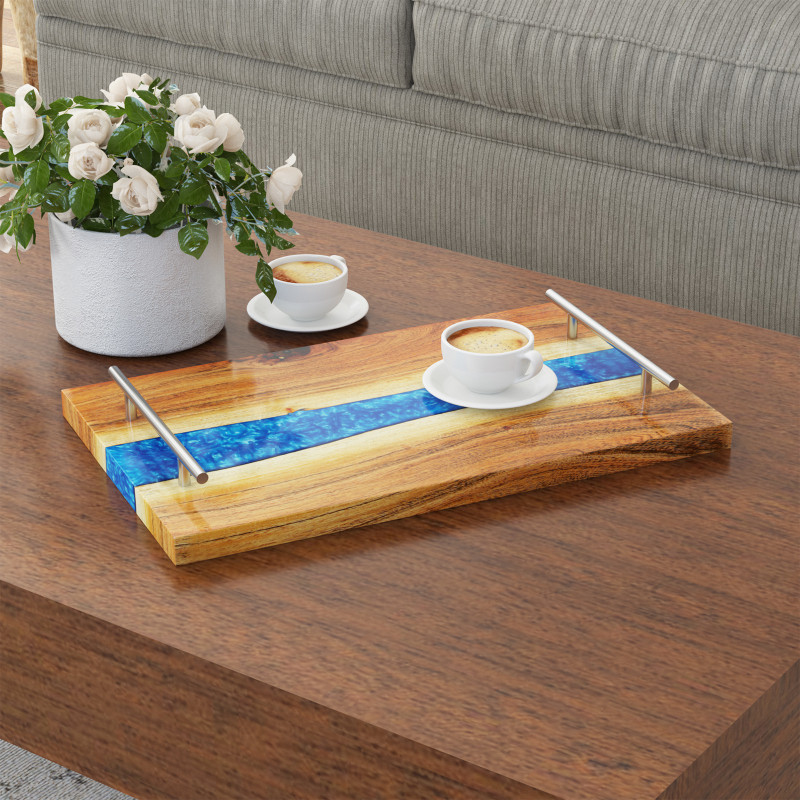 Happiest Furniture Designer Handcrafted Epoxy Resin Blue River 20"x12" Live Edge Wood Tray