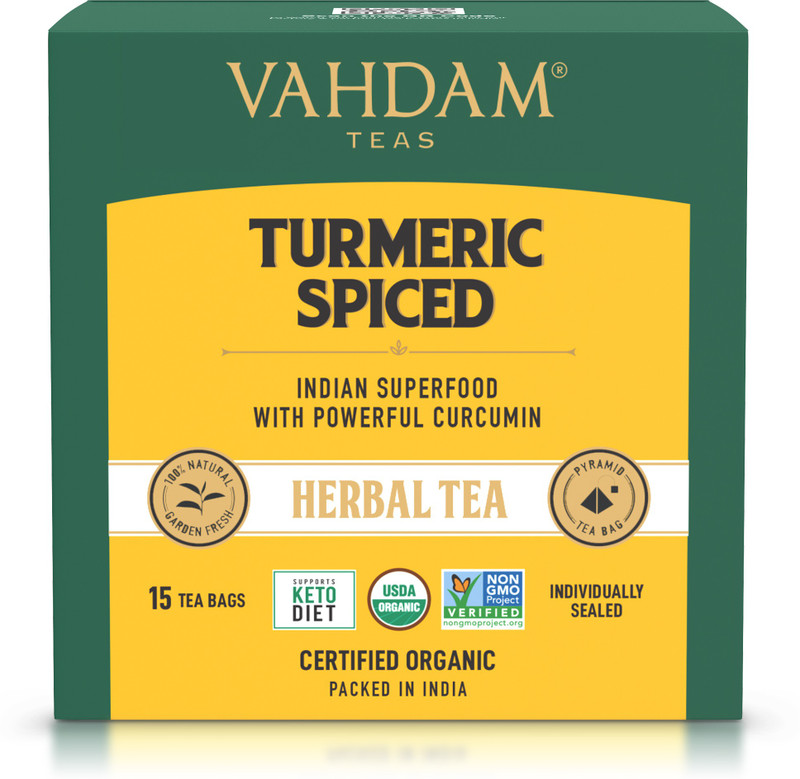 Vahdam Organic Turmeric Spiced Turmeric Herbal Tea Bags Box