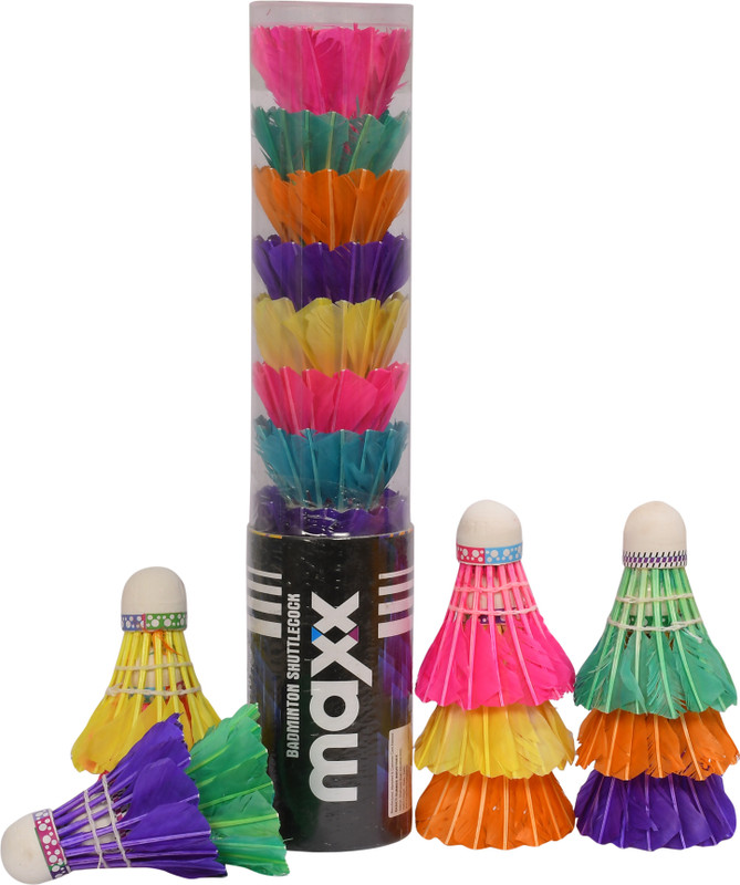 shakti Pack of 10 Shuttlecocks Maxx (10 Colour Feather) for Outdoor Indoor Sports Feather Shuttle - Multicolor(Medium, 77, Pack of 10)