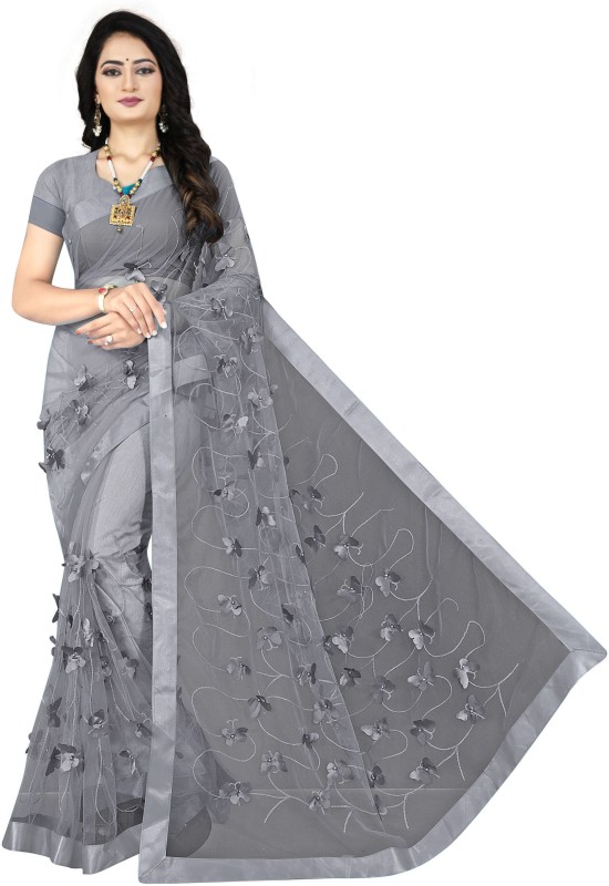 KASEE Embroidered Bollywood Net, Poly Satin Saree(Grey)