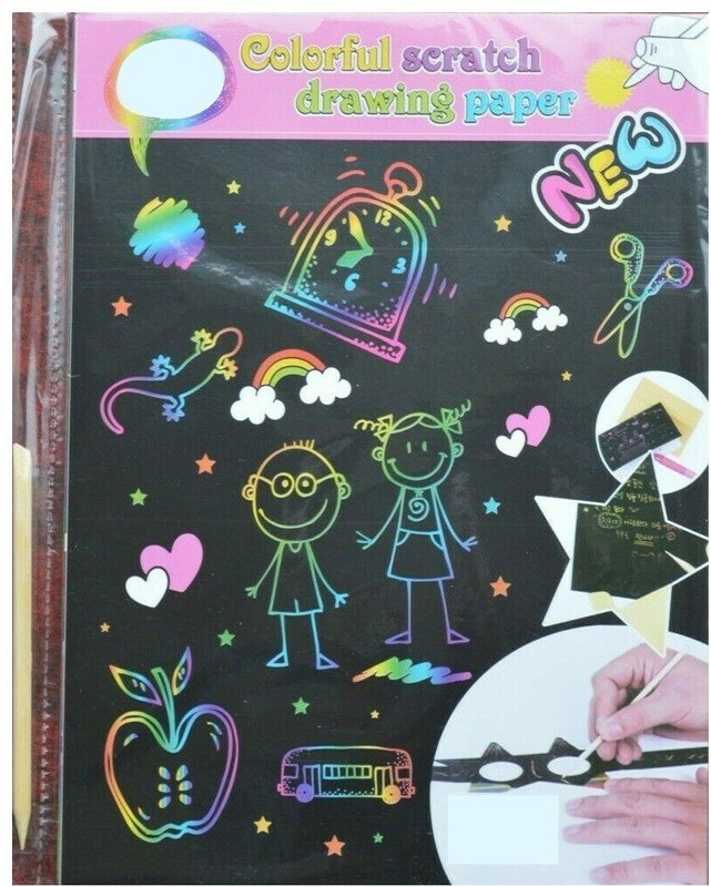 R H lifestyle A5 Size DIY 10 Sheet Magic Rainbow Scratch Art Paper Cards Scraping Drawing with Stick Unruled Plain 19 x 13 cm 50 gsm Drawing Paper(Set of 1, Black)