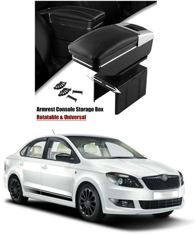 PRTEK Universal Car Armrest Console Storage Box Rotatable Black Leather Center Box A204 Car Armrest(Skoda, Rapid)