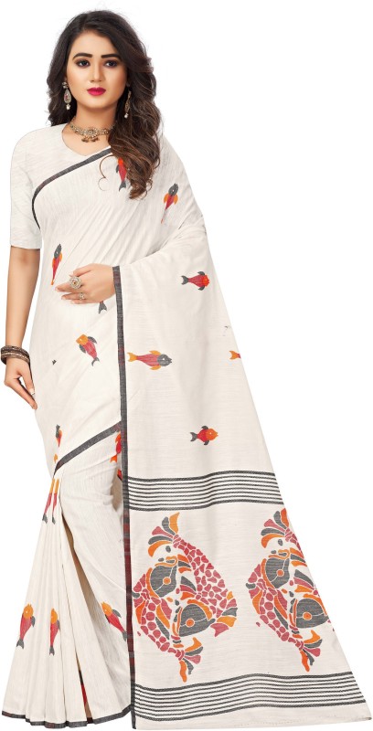 YOMEETO Woven Banarasi Jacquard, Silk Blend Saree(White)