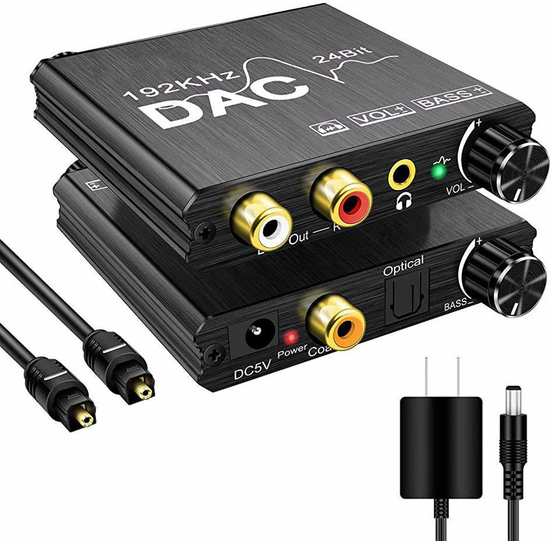 microware 192KHz Digital to Analog Audio Converter with Bass and Volume Adjustment, Digital SPDIF/Optical/Toslink/Coaxial to Analog Stereo L/R RCA and 3.5mm Jack Converter for PS4 DVD TV Home Cinema Media Streaming Device(Black)
