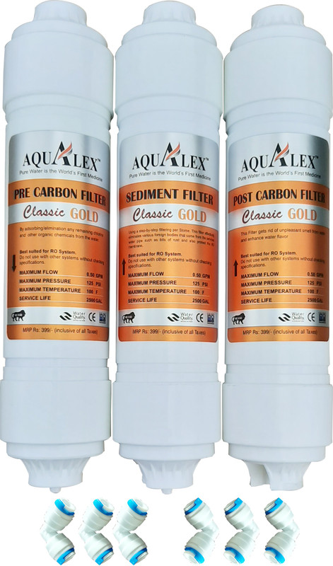 AQUALEX Classic Gold Inline Set, Pre Carbon Filter+ Sediment Filter + Post Carbon Filter Supreme Quality + 6 pcs connactor (Elbow) Suitable for All Brand RO Water Purifier Solid Filter Cartridge(0.005, Pack of 9)