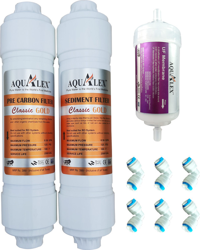 AQUALEX Pokar RO, Classic Gold Inline, Pre Carbon Filter+ Sediment Filter + 4" inch UF + 6 pcs Elbow Suitable for RO Water Purifier Solid Filter Cartridge(0.001, Pack of 9)