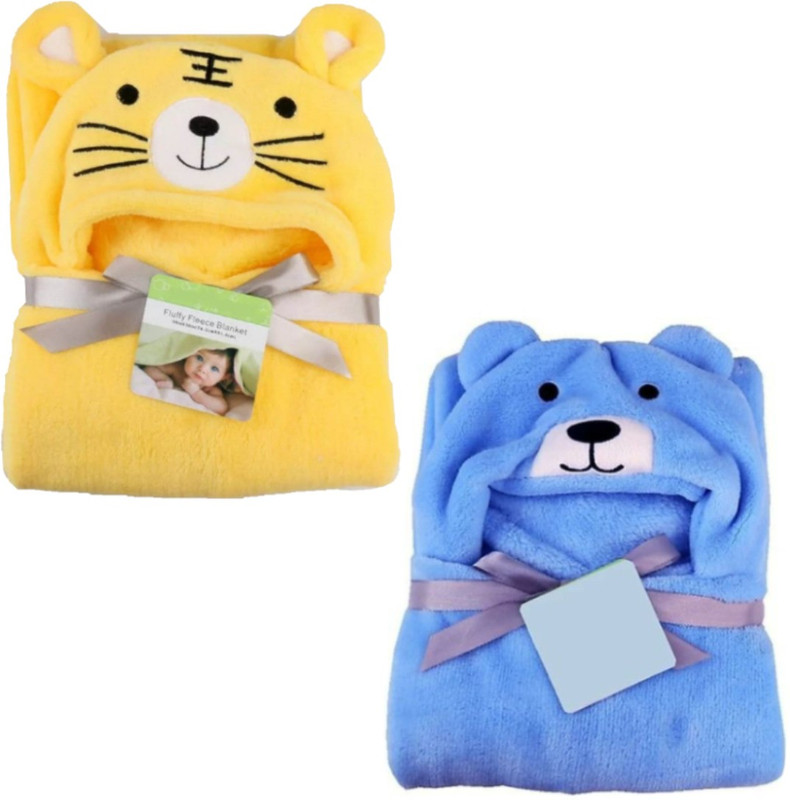 BRANDONN Printed Single Hooded Baby Blanket for  Mild Winter(Microfiber, Yellow, Blue)