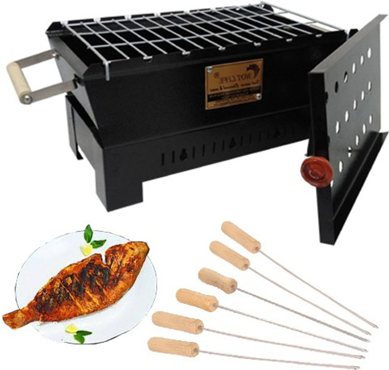 HOT LIFE Charcoalbarbequegrill(Anegthi)With6woodenhandleskewers(Black) with 6 Skewer Charcoal Grill(Portable, Foldable)