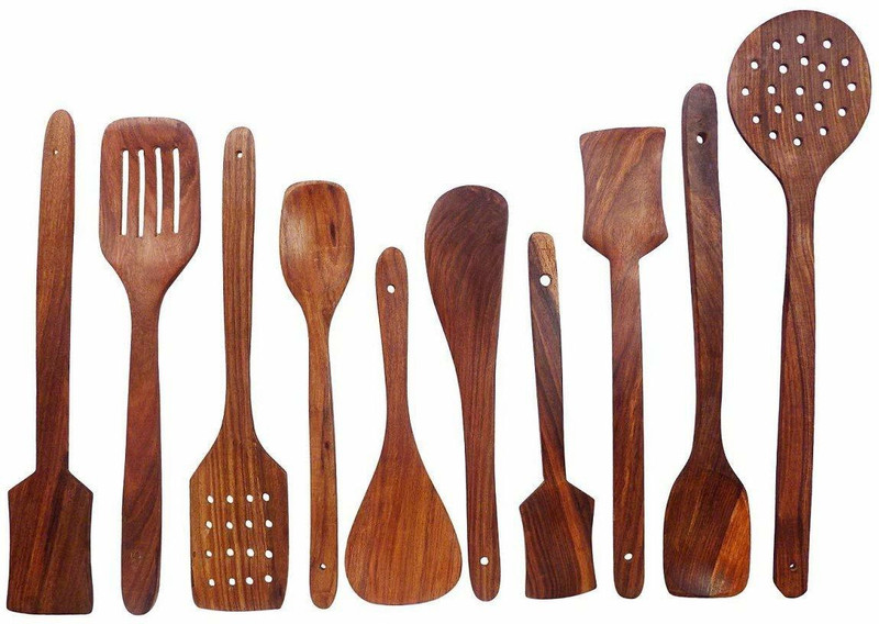 Green Wood Handmade Wooden Non-Stick Serving and Cooking Spoon Kitchen Tools Utensil, Set of 12 Wood Serving Spoon Set(Pack of 12)