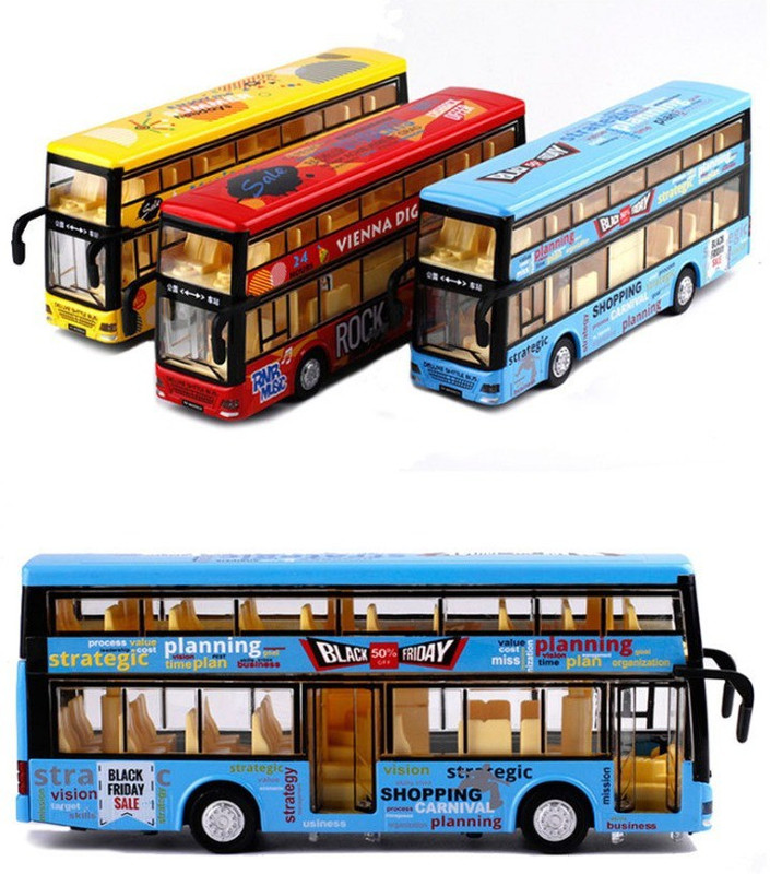 Galactic DIE CAST Metal Play Set - Perfect Toy Set for Kids (Die-Cast Double Decker 4 Wheel Drive Metal Bus Car Pull Back with 3 Openable Doors and Light, Music for Boys and Girls-(Multicolor)(Multicolor, Pack of: 1)