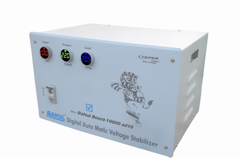 rahul C-10000 cn10 Kva/40 Amp,Manual 8 Booster,Input 90-260 Volt,Use a Maximum of 40 Amp Load,With 2+1 Metar Input,Output+Load Indicator,With Over Load MCB, Mainline Autocut Copper Voltage Stabilizer Autocut Voltage Stabilizer(White)