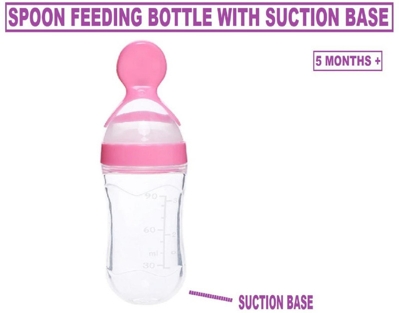 Jingle Kids Baby Squeezy Food Grade Silicone Bottle Feeder Silicone Specially Used for Semi Solid With Inbuilt Suction Stand| Food Dispensing Spoon Fruit Vegetable Feeder| Rice Paste Milk Food Feeder | Spoon Feeder| Ceralac Feeder BPA Free( 5 Months+,90ML)  - Food Grade Silicone(PINK STAND)