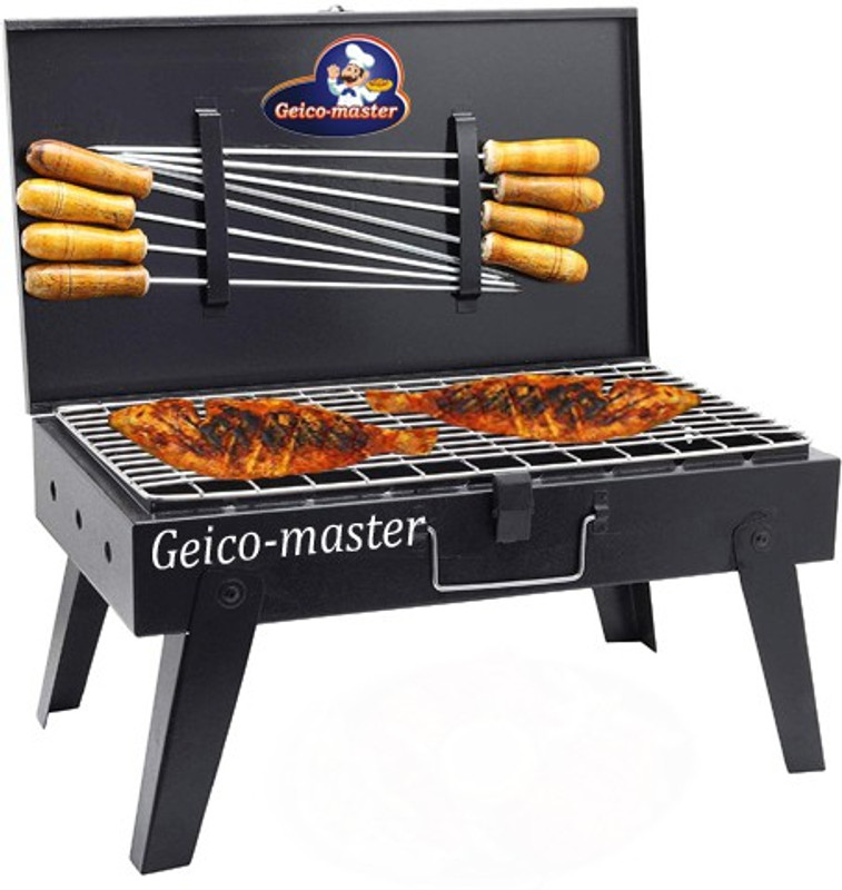 Geico master CharcoalBBQGrill(Briefcase)With8WoodenHandleSkewers,Steel Charcoal Grill
