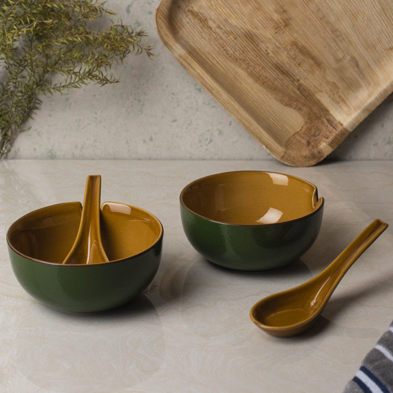 Hindustani Saudagar Ceramic Soup Bowl(Pack of 4, Green)