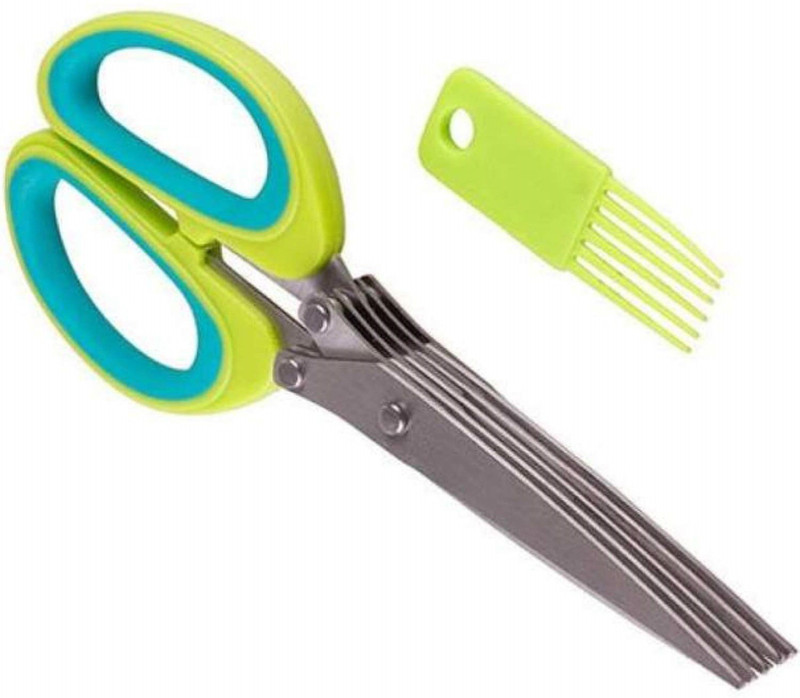 Neyu Multi-Functional Stainless Steel Kitchen Knives 5 blade scissor Cut Herb Spices Cooking Tools Vegetable Cutter with Cleaning Brush Stainless Steel Seafood Scissor(Multicolor, Pack of 1)