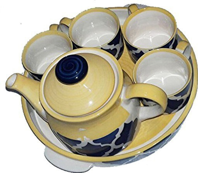 caffeine Ceramic Handmade Blue umraow Pattern Tea Tray Set 6pc Tea Urn(700 ml)