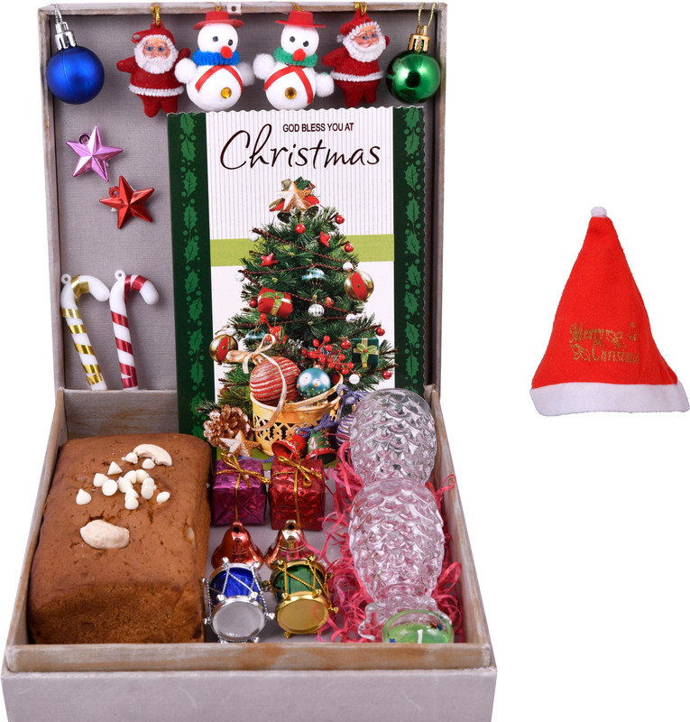 MANTOUSS Christmas Cake Gift(200gms)/ Christmas Plum Cake Gift Box+2 Shot Glasses + Christmas Card + Glass Candle + Christmas Tree Decoration Set+Santa Cap Wooden, Cotton, Plastic, Paper, Glass Gift Box(Multicolor)