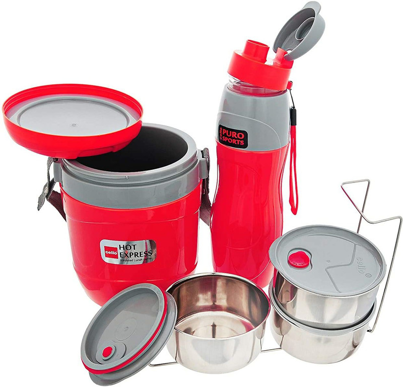 cello Lunch Express Insulated Tiffin & Water Bottle, 2 PCS Set, RED 3 Containers Stainless Steel Office Lunch Box(800 ml)