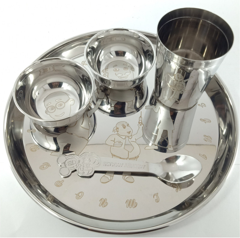 Rishabh Gold Stainless Steel Baby and Kids Dinner Set, with Motu Patalu Permanent Laser Dinner Set(Steel, Microwave Safe)