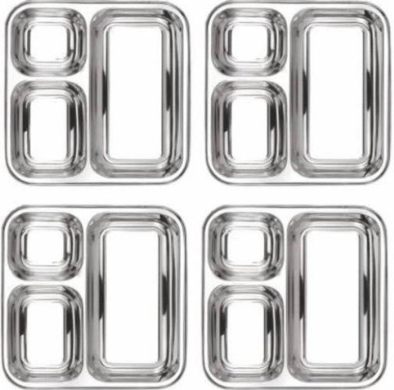 Kitchen Plazaa Stainless Steel 3 in 1 Pav Bhaji Plate - Idli Shambar Serving Plate, Three Compartment Dinner Plate Set of 4 Pieces Sectioned Plate Sectioned Plate(Pack of 4)
