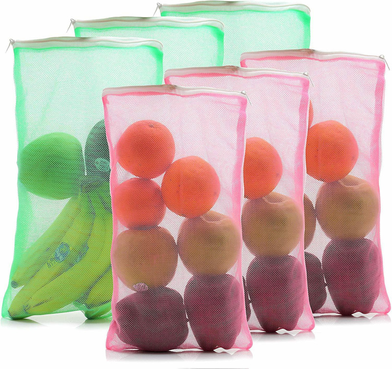 Lonekart Set of 6 Reusable Double Layer Mesh Fridge Bags for Storage of Fruits & Vegetables Pack of 6 Grocery Bags(Pink, Green)