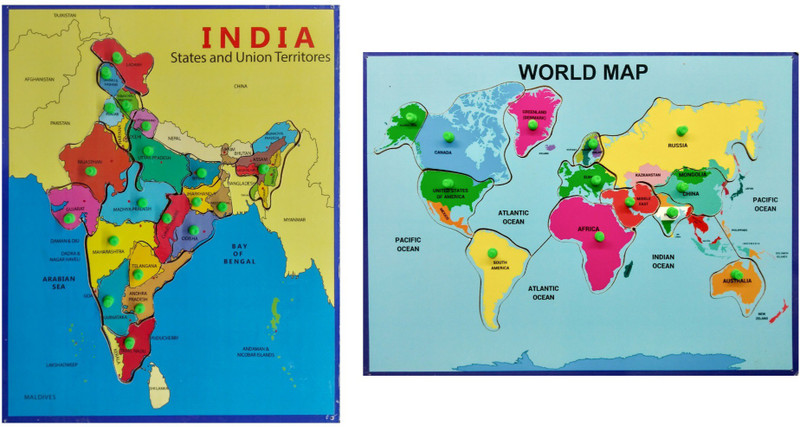 Wooden Puzzles Combo: 3D World & India Map with Knobs – Educational Learning Aid for Kids