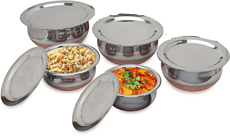 LIMETRO STEEL Copper Bottom Handi Pot 5 Piece Set/Steel Handi Set 5 with lid ( 5 Pieces , 0.5Ltr, 0.75Ltr, 1Ltr, 1.5Ltr, 2Ltr) Handi 0.5 L, 0.75 L, 1 L, 1.5 L, 2 L with Lid(Stainless Steel)