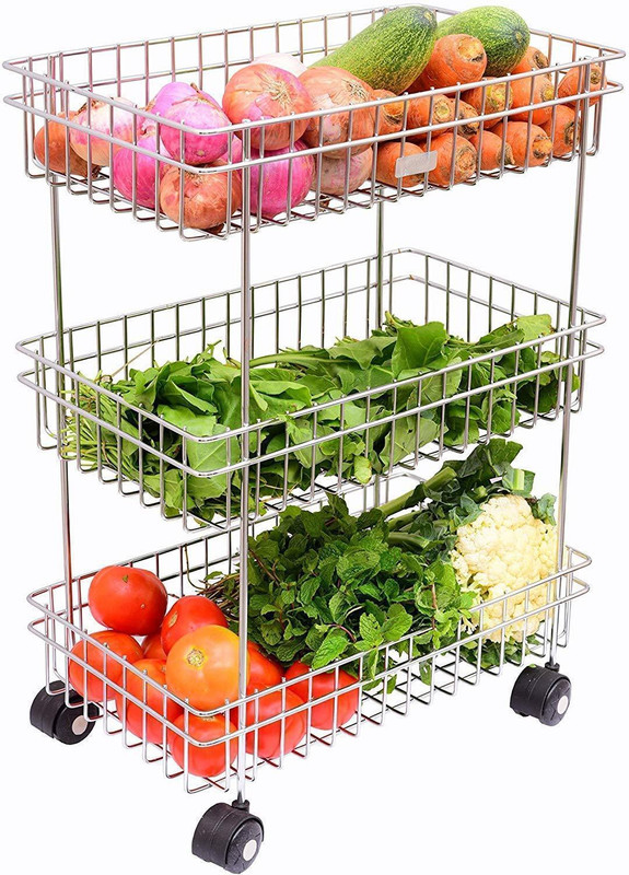 SAXAT Popular 3 Layer stainless steel Portable Modern Fruit and Vegetable Stand Basket drainer kitchen rack Trolley Morden Onion Potato Cutlery, Spice, Pickles Jars Container Basket Organizer box Holder Stand Kitchen Storage Original Stainless Steel Fruit & Vegetable Basket(Steel)