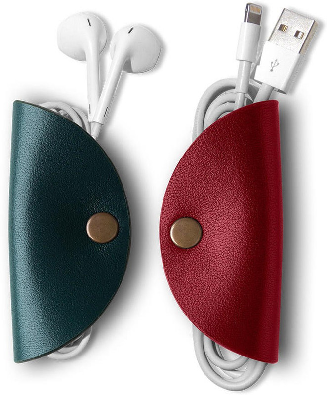 DailyObjects Kimono Cable Wrap | Real Leather Clip Organiser/Cable Holder/Wire Winder For Cables/Cord/Earphones | (Red & Green) - Set of 2 Earphone Cable Organizer