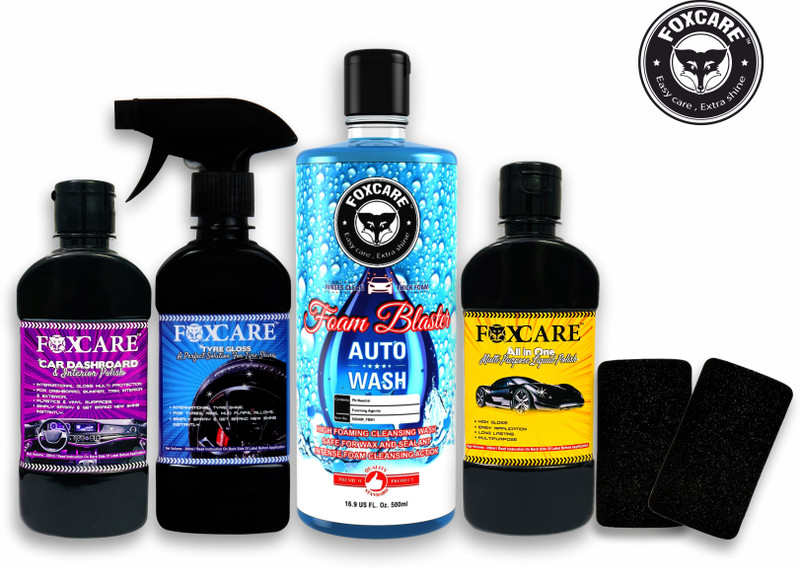FOXCARE DASHBAORD AND INTERIOR POLISH, ALL IN ONE MUITIPURPOSE LIQUID POLISH, TYRE GLOSS- A COMPLETE SOLUTION FOR TYRE SHINE, FOAM BLASTER - CAR SHAMPOO - 500ML, 2 SPONGE APPLICATORS Combo