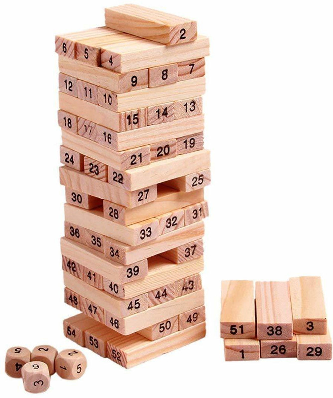 SR Toys Multi Coloured 51 Pcs Blocks 4 Dices Wooden Numbered Building Bricks Stacking Classic Traditional Toppling Tumbling Tower Game Kid Gift(Beige)