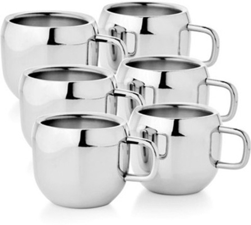 RAJ Pack of 6 Stainless Steel Double wall Steel Appel Tea Cup set of 6(Silver, Cup Set)