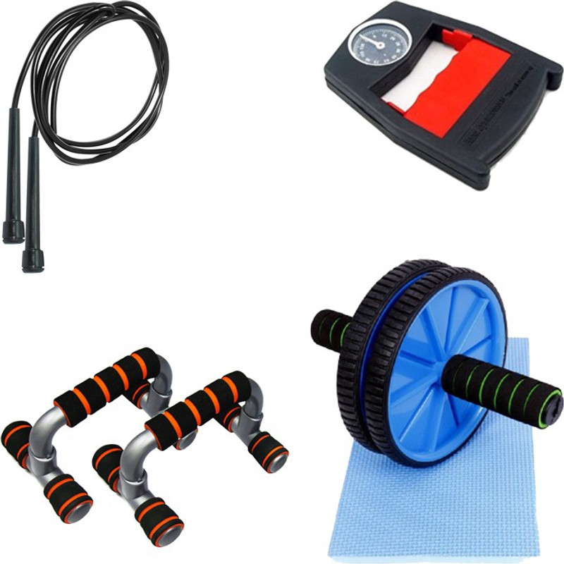Mor Sporting Combo of Black Slim Skipping rope, Hand Power Grip Dyanometer, Anti slip foldable Push up bar and Ab wheel Max Gym & Fitness Kit