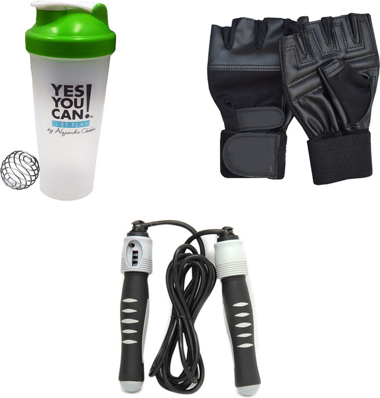 Mor Sporting Weight Lifting gloves, Solid Skipping Rope, Yes You Can Shaker Bottle 600 ml Gym & Fitness Kit