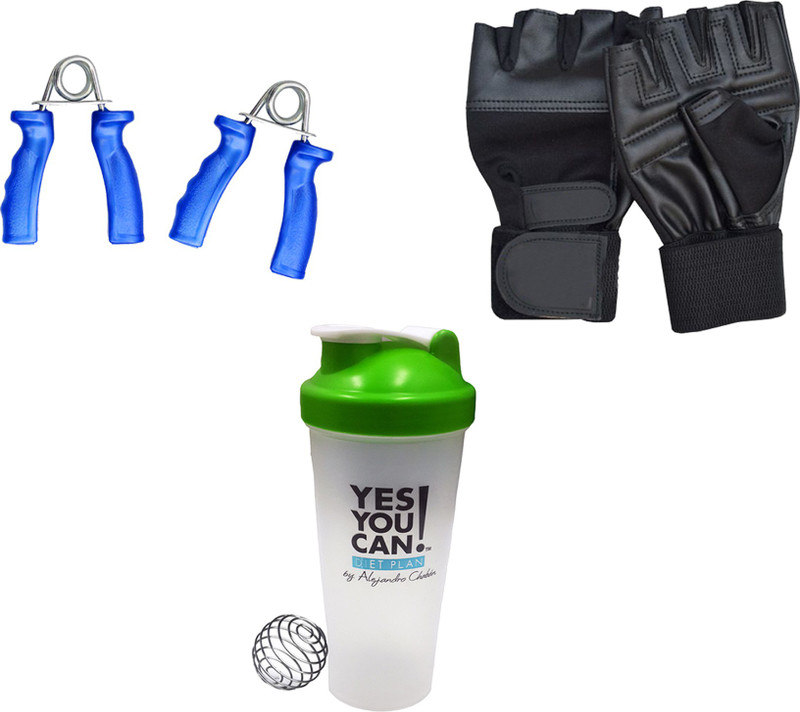 Mor Sporting Black Gym gloves, Shaker Bottle 600 ml and Power Grip Gym & Fitness Kit