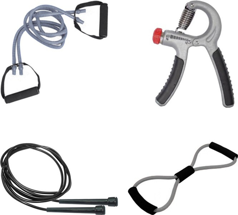 Mor Sporting Black Slim Skipping rope, Power hand grip adjustable 10 to 40 kg, Grey Double Toning Tube and 8 shaped yoga latex tube Gym & Fitness Kit