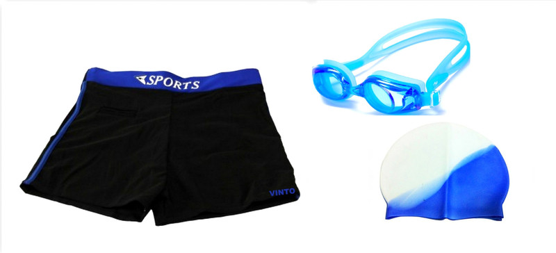 KING FITNESS PREMIUM COMBO 1 FREE MALE SWIMMING COSTUME, 1 SWIMMING GOGGLE, 1 SWIMMING CAP MULTICOLOR Swimming Kit