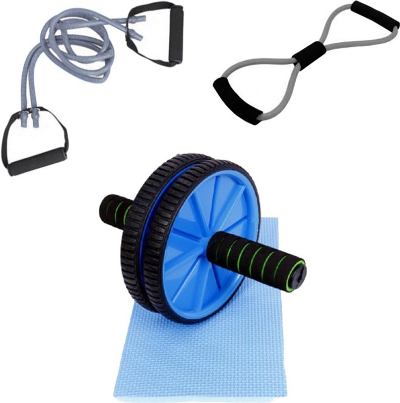 Mor Sporting Combo of Grey Double Toning Tube, 8 shapped Yoga latex tube and Ab wheel Max Gym & Fitness Kit