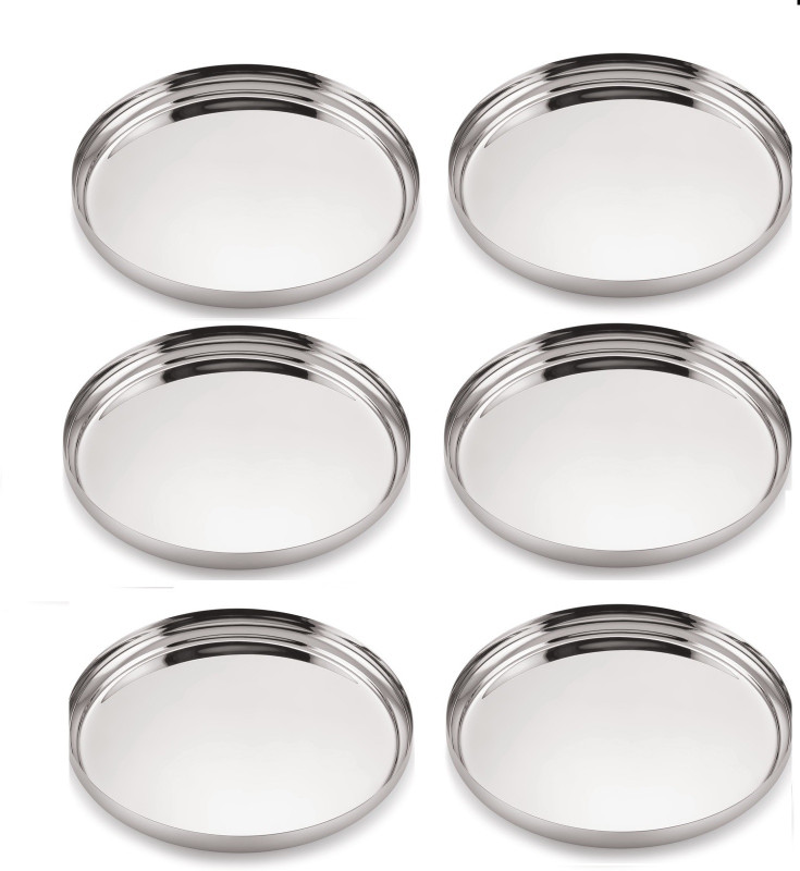 LIMETRO STEEL Stainless Steel Pack of 6 Heavy Gauge Dinner Plates / Lunch Plates / Bhojan Thali ( Size: 13, Diameter: 30 cm, 6 Pieces ) Dinner Plate(Pack of 6)