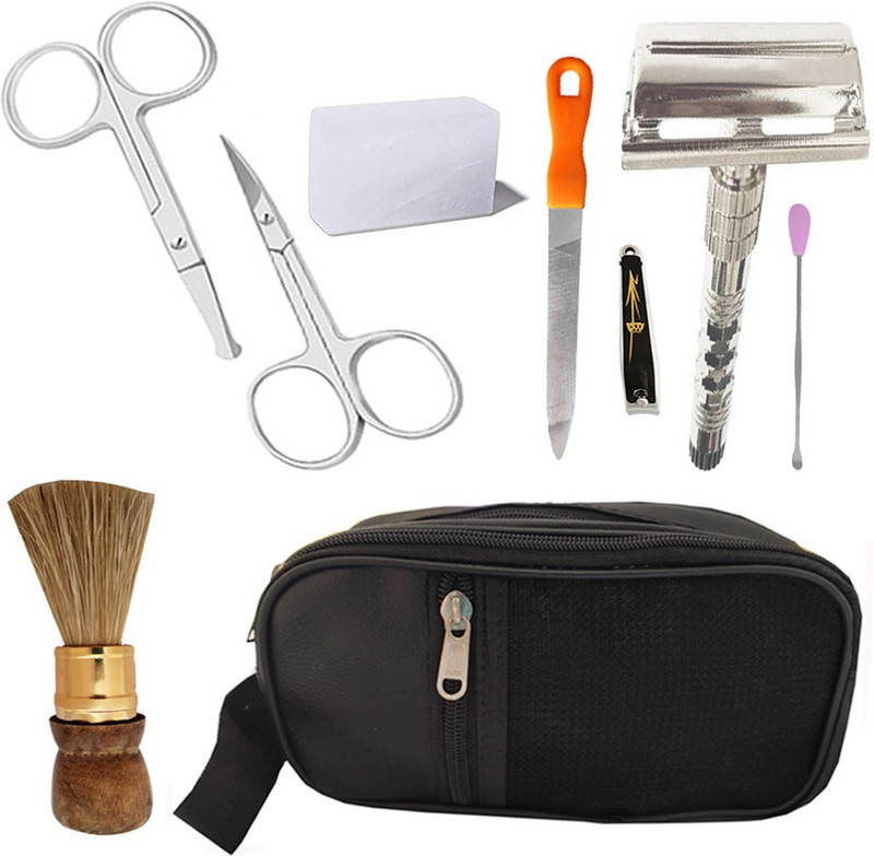 MGP FASHION Mini shaving kit good quality combo stainless steel nose and eyebrow scissors rotate premium sharp razor imported alum (fitkari) ear cleaner nail filer wooden handle soft bristle brush for carrying black pouch use for tool home and travel(9 Items in the set)