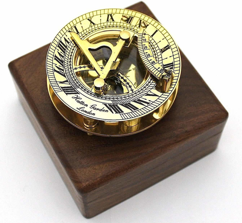 Ascent India Brass Shinny Sundial Compass Round With Wooden Box Gift Compass(Gold)