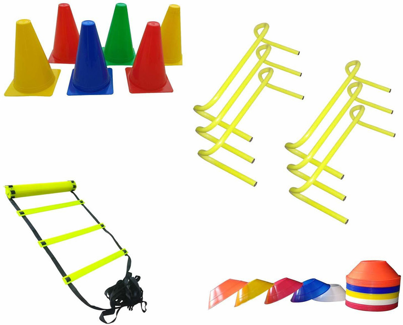 YMD Speed Adjustable Speed Ladder/Jumping Agility Hurdle 6 inch Set of 6/Saucer Marker Cone 6inch Set of 20, Marking set of 20 PVC Speed Hurdles(For Adults, Children Pack of 6)